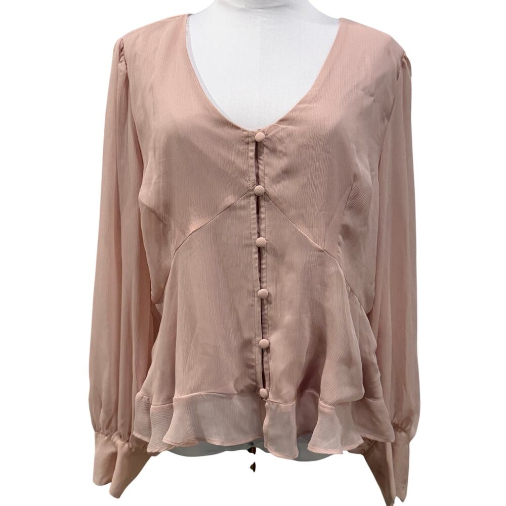 Nine West Blush Pink Chiffon Peplum Long Sleeve Blouse NWT XL Work Office Modest